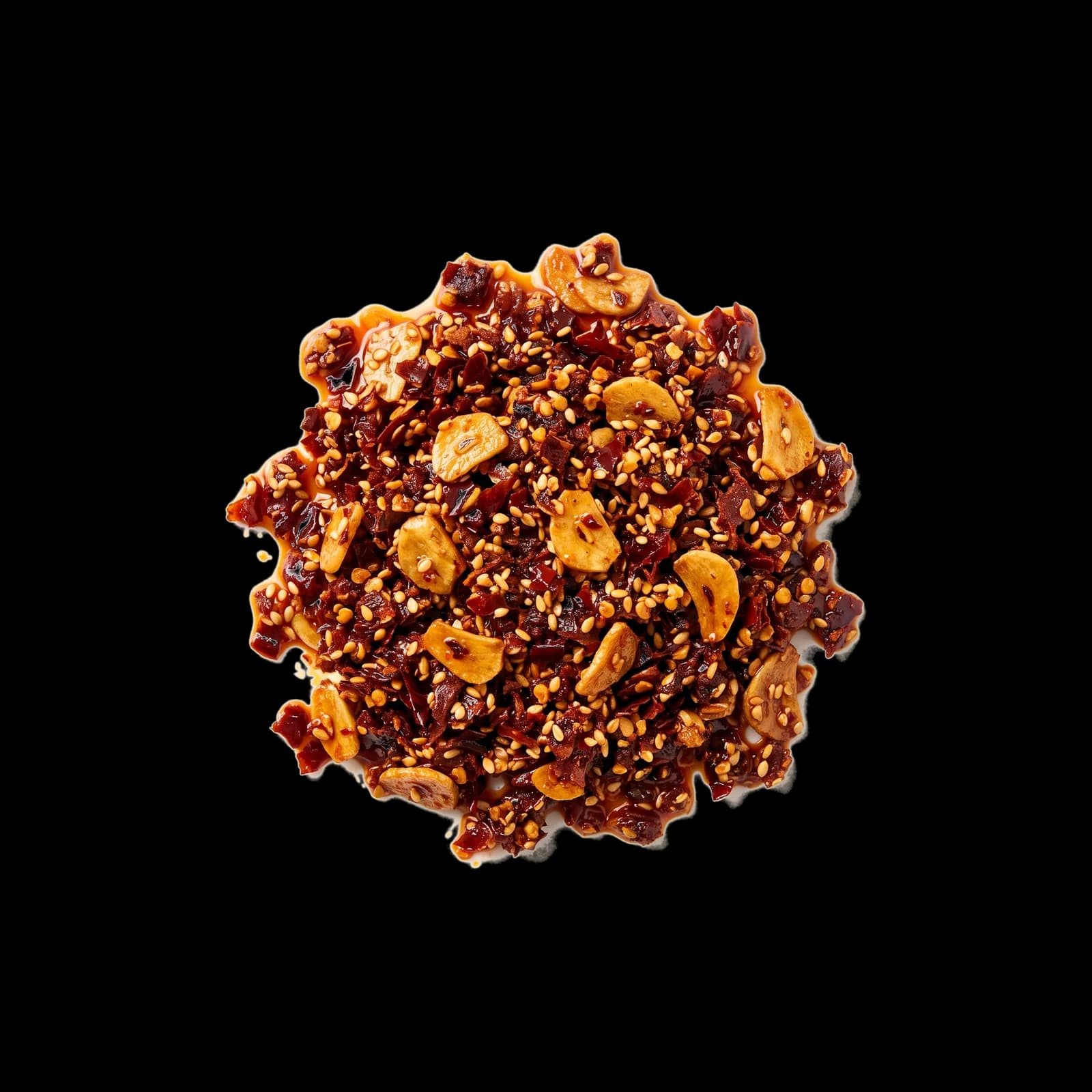 A heap of chili crisp, chili flakes, fried garlic and sesame coated in chili oil.