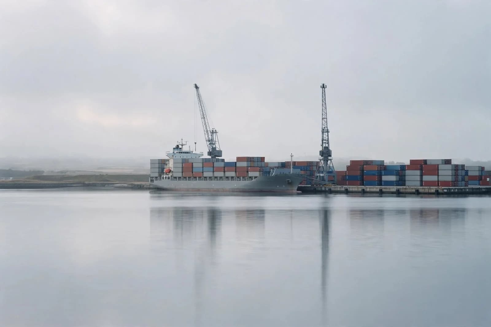 A container ship moored alongside a quay with cranes and stacked containers, seen across calm water.