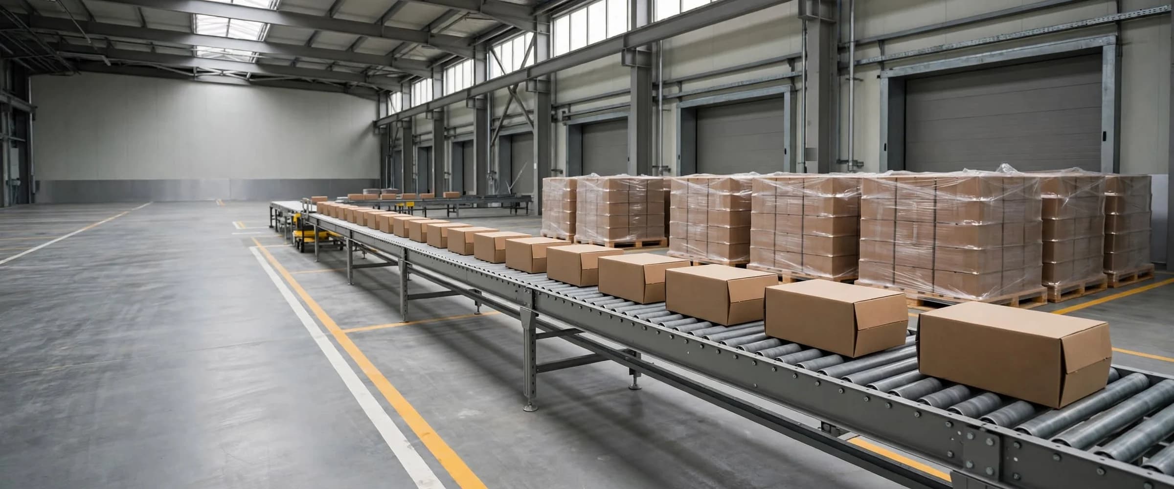 Cartons moving along a roller conveyor past wrapped pallets in a bright warehouse dispatch hall.
